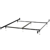 A metal bed frame with four legs and a stylish headboard, designed for durability and support.